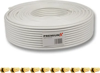 Produktbild von 50m PremiumX Deluxe Pro Vollkupfer Koaxial Kabel 5 fach geschirmt + 10x PremiumX  F-Stecker 8mm mit Dichtring SAT Antennenkabel