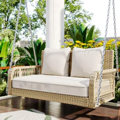 Immagine prodotto di Altalena da giardino in rattan beige a 2 posti con cuscini e schienale