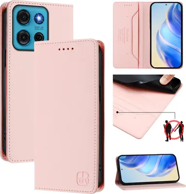 Image de Etui en cuir pour Motorola Moto G75, étui à rabat avec fentes pour cartes, portefeuille et support Rose