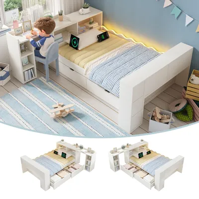 Obrázek produktu pro Postel o rozměrech 90x200 cm se dvěma zásuvkami, LED osvětlením, nabíjecí stanicí a výsuvnou pracovní deskou, úložnými přihrádkami a rošt, bílá barva