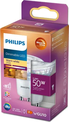 Obrázok produktu pre Sklenený reflektor Philips LED 3,8W = 50W GU10 345lm teplá biela WarmGlow 2200K-2700K flood 36° Ra>90 DIMMABLE
