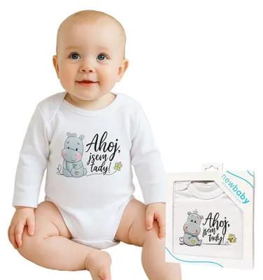 Zdjęcie produktu dla Body z nadrukiem New Baby Hello, I'm here! - Zestaw upominkowy, rozmiar 86 (12-18 m)
