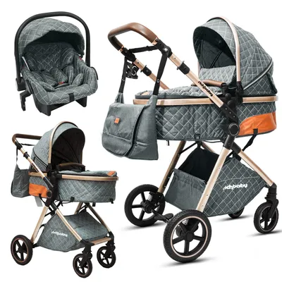 Produktbild von RICH BABY Kombi-Kinderwagen 3-in-1 Set Mit Sportwagen Babywanne & Babyschale Verstellbarer Griff PolyurethanReifen Umkehrbarem Liegekorb Leicht &  Klappbar