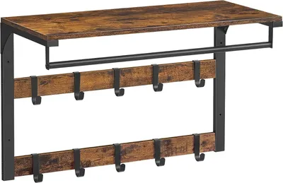 Produktbild von Wandgarderobe mit Ablage | 10 abnehmbare Haken | Kleiderstange mit Wandregal | Wandmontage | 2 Garderoben | Vintage Braun/Schwarz
