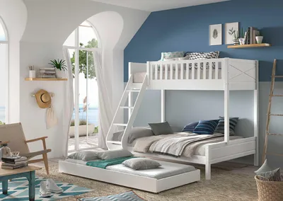 Image de Vipack SCOTT Lit familial avec surface de couchage 90x200 et 140x200 cm, incl. sommier à lattes, échelle et 2 petits tiroirs de lit, finition en pin laqué blanc