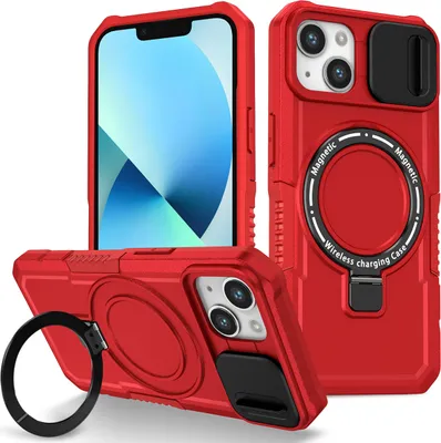 Produktbild von Handyhülle für iPhone 13 Kompatibel mit MagSafe, Robuste Hülle mit Schiebe Kamera Schutz, Magnetischer Ringständer Rot