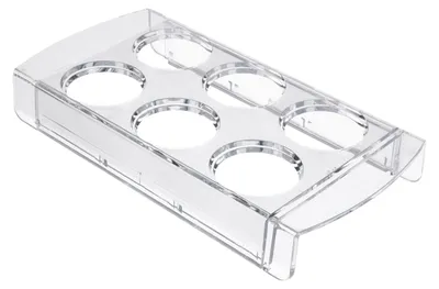 A clear plastic egg holder with six circular indentations, designed to fit in a refrigerator door shelf.