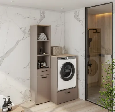 Immagine prodotto di Insieme di mobili per la lavanderia collezione WASHING – Mobile basso e mobile alto – Tortora e rovere