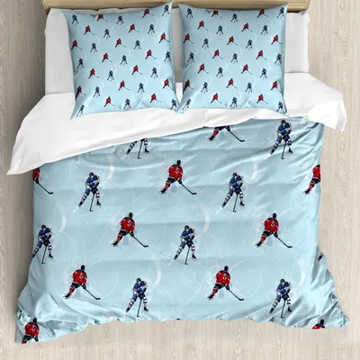 Produktbild von ABAKUHAUS Sport Bettbezug Set, Abstrakte Linien Hintergrund Eishockey Muster Wettbewerbsspiel Winter Saison, 200 x 200 cm + 80 x 80 cm, Schwarz Blau Rot