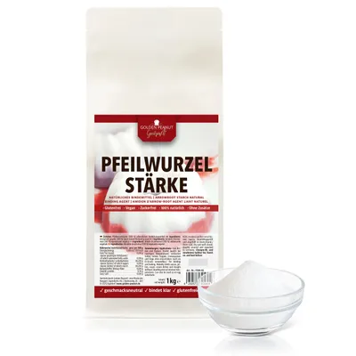 GOLDEN PEANUT Gourmet Pfeilwurzelstärke 1 kg - Pfeilwurzelmehl Arrowroot, geschmacksneutral schnell bindend, veganer Ei Ersatz, beste Qualität