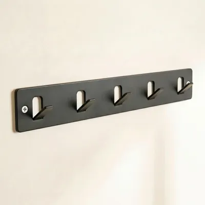 Produktbild von doporro Garderobenleiste mit 5 Haken, Wandgarderobe mit Garderobenhaken, Kleiderhaken Wand, selbstklebend oder zum Bohren, Schwarz, Stalo-14