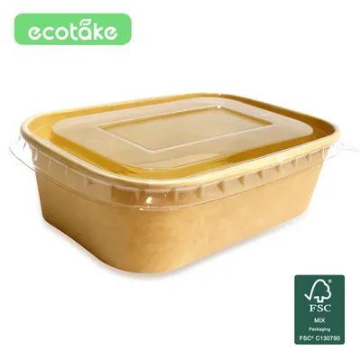Produktbild von 750 ml Pappe Salatschalen/PLA, rechteckig, braun, mit PLA-Deckel,17,0 x 12,0 x 5,5 cm