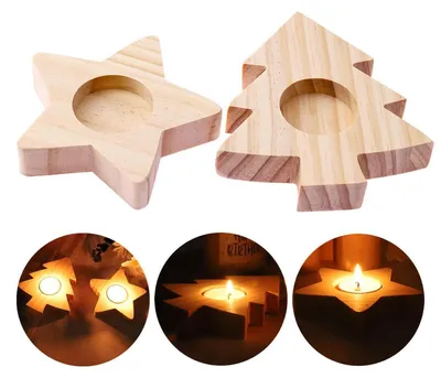 Immagine prodotto di Portacandele natalizio in legno, 2 pezzi, a forma di stella e albero di Natale, supporto per candele, 12,5 cm