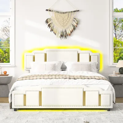 Produktbild von Polsterbett 140x200 cm mit 4 Schubladen & LED-Beleuchtung Beige Samt Doppelbett Stauraumbett Luxus Design mit goldener Zierleiste elegant