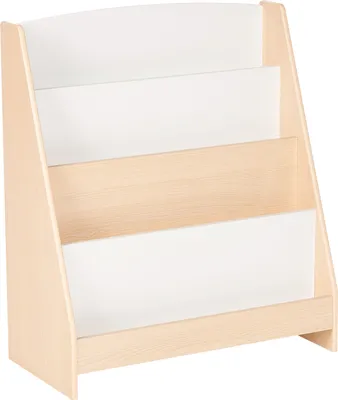 A three-shelf wooden and white bookshelf.