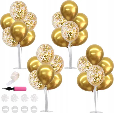 Produktbild von Ballonständer, 70 cm. Set mit 4 Ständern, 32 Ballons, goldene Konfetti-Ballons, Luftpumpe