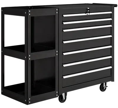 Zdjęcie produktu dla Wózek warsztatowy z 7 szufladami i boczną półką | Kolor: Czarny | Wymiary: 33,5 x 96 x 75 cm