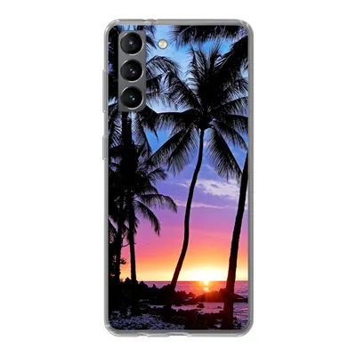 Produktbild von MuchoWow® Handyhülle Schutzhülle Hülle für Samsung Galaxy S21 Der farbenprächtige Sonnenuntergang hinter einer Reihe von Palmen auf Hawaii Silikon Softcase Handy Hülle - Softcase