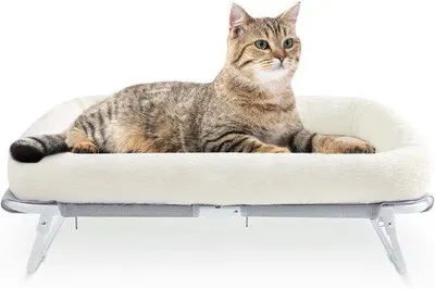 Productafbeelding van Verhoogd kattenbed met metalen frame, hangmat voor katten en kleine honden, comfortabele kattenlounger 64x40x19cm (Wit)