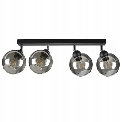 A black ceiling light fixture with four adjustable, smoked glass globe shades.