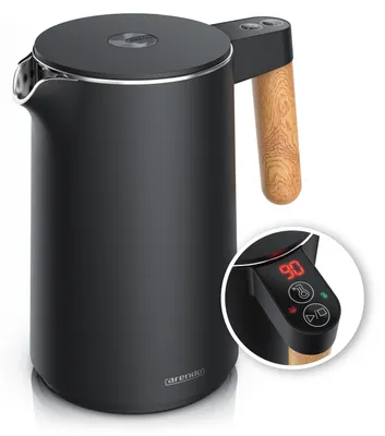 Produktbild von Arendo Wasserkocher WOOD STYLE 1,5 l, 2200 W, Edelstahl doppelwandig, 7 Temperaturstufen 45-100 °C, Warmhaltefunktion 60 Minuten, LED-Display, BPA-frei, schwarz matt, KI-generiertes Bild