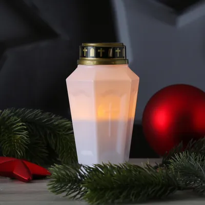 Produktbild von LED Grablicht - Grabkerze - orange flackernd - Timer- H: 15,5cm - für Außen - weiß