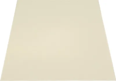 A flat lay of a square cream-colored rug on a white background.