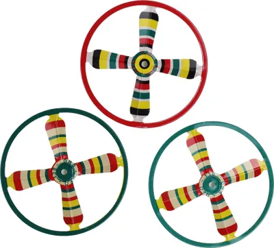 Three colorful toy flying saucers are arranged in a triangular formation against a white background.