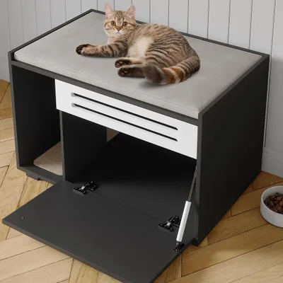 Zdjęcie produktu dla Meble Katzenklo – Szafka na kuwetę dla kota – Duża, z wentylacją – Ukryta kuweta – Wewnętrzne schronienie dla kota – Drzwiczki rozkładane – Czarny kolor