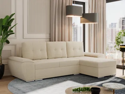 Produktbild von MKS MEBLE Sofa mit Schlaffunktion - Ecksofa mit Schlaffunktion und Bettkasten - Sofa 3 Sitzer - Schlafsofa - Couch - Schlafsofa mit Bettkasten - Umbria L - Beige Boucle