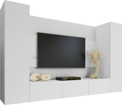Produktbild von MIRJAN24 Wohnwand Deromi V, Wohnzimmer Möbel Set, Griffloses Öffnungssystem push to open, 4er-Set (Farbe: Weiß / Weiß + Weiß Marmor)