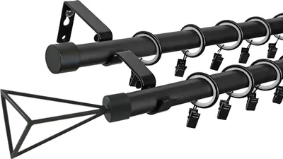 Produktbild von LOFT 160 cm 2-läufig Gardinenstange Schwarz 19 mm aus Metall mit Endstück Geometrisch Komplettset mit Ringen und Clips Inklusive Montagezubehörset