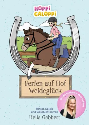 Illustration of a girl riding a horse, framed by a horseshoe, with a book title and author information below. A circular inset shows a photo of the author.
