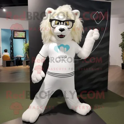 Produktbild von Weißer REDBROKOLY Löwe Maskottchen Kostüm charakter bekleidet mit einer Yogahose und einer Brille
