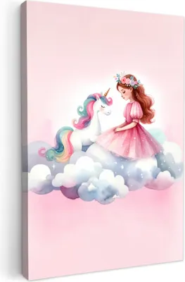 Produktbild von Leinwand Bilder 60x90 cm - Kinder Mädchen - Einhorn - Wolke, Bilder Wohnzimmer Modern, Wanddeko
