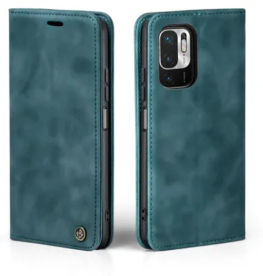 A teal flip case for a smartphone is shown from two angles, open and closed.