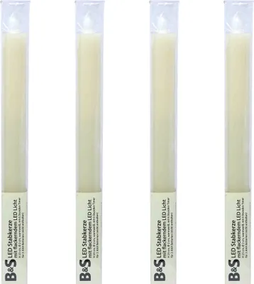 Four LED taper candles in clear plastic packaging, standing upright.