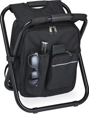 Obrázek produktu pro Relaxdays – skládací kempingová stolička s taškou, přenosná, lehká, stabilní, rozměry 42 x 35 x 29 cm, batoh na sezení, polyester, černá