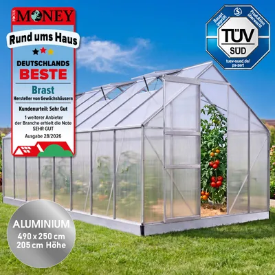 Produktbild von BRAST Gewächshaus Aluminium mit Fundament | 490x250x205cm | 6mm Hohlkammerplatten | rostfrei wetterfest temperaturbeständig | Silber