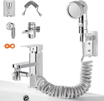 Produktbild von Duschkopf, Handdusche extern, Duschkopf für das Waschbecken, Duschkopf mit Schlauch und Halterung, 3 Strahlarten, Badezimmerinstallationen zum Waschen der Haare, Reinigen des Waschbeckens und Bidets