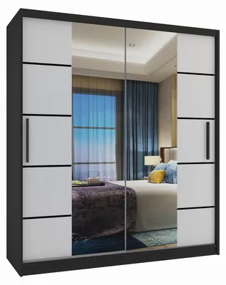Image de BELINI Verona ME, armoire coulissante de 133 cm, noire et blanche, finition mate - Armoire avec miroir et 2 tiroirs, idéale pour la chambre