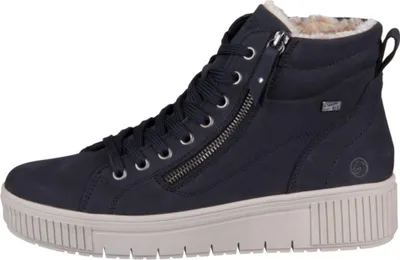 A side view of a navy blue high-top sneaker with a white sole and fur lining.