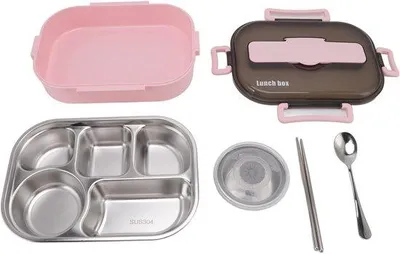 Produktbild von Famanu Lunchbox Tragbar aus Edelstahl - Thermosbehälter mit 5 Fächern - Rosa