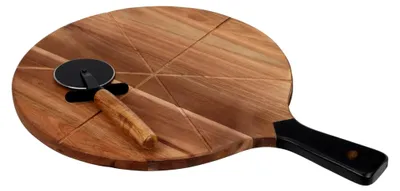Produktbild von Rundes Pizza Schneidebrett Ø 30 cm mit Pizzaroller aus Akazienholz und Führungsrillen