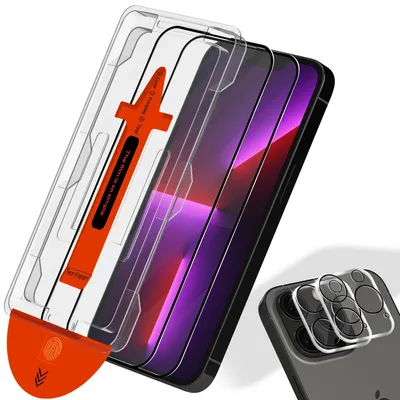 Obrázek produktu pro 2-balení iPhone 13 Pro Ochranné sklo na displej & 2-balení ochrana objektivu - Tvrzené sklo | [Automatická instalace] - Bez bublin