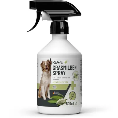 Produktbild von REAVET Grasmilben Spray 500ml – Schutz & Pflege mit Mandelöl – Grasmilben Spray Hund, Anti Milben Spray zur effektiven Abwehr von Insekten, Parasiten & Ungeziefer, Milbenstopp, Milbenschutz