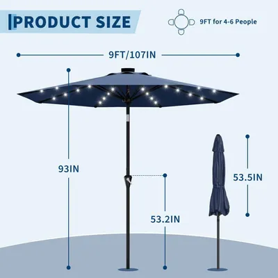 Zdjęcie produktu dla Parasol solarny LED - 270 cm - parasol do tarasu i ogrodu - oświetlenie LED zasilane energią słoneczną - mechanizm rozkładania ręczny - regulacja kąta nachylenia - 8 ramion - kolor: granatowy