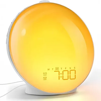 Produktbild von Tageslicht Wecker Licht,Wecken Sie das Licht auf,Sonnenuntergangssimulation,9 Farbe Licht 20 Helligkeit Nachtlampe,Rotationstaste,Dualer Alarmmodus