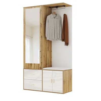 Produktbild von Edles Garderobenset in Weiß- und Holzfarben mit Spiegel, Schuhschrank, Schuhbank mit Haken und ausziehbarer Kleiderstange