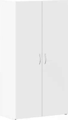 A white cabinet with two doors and silver handles.